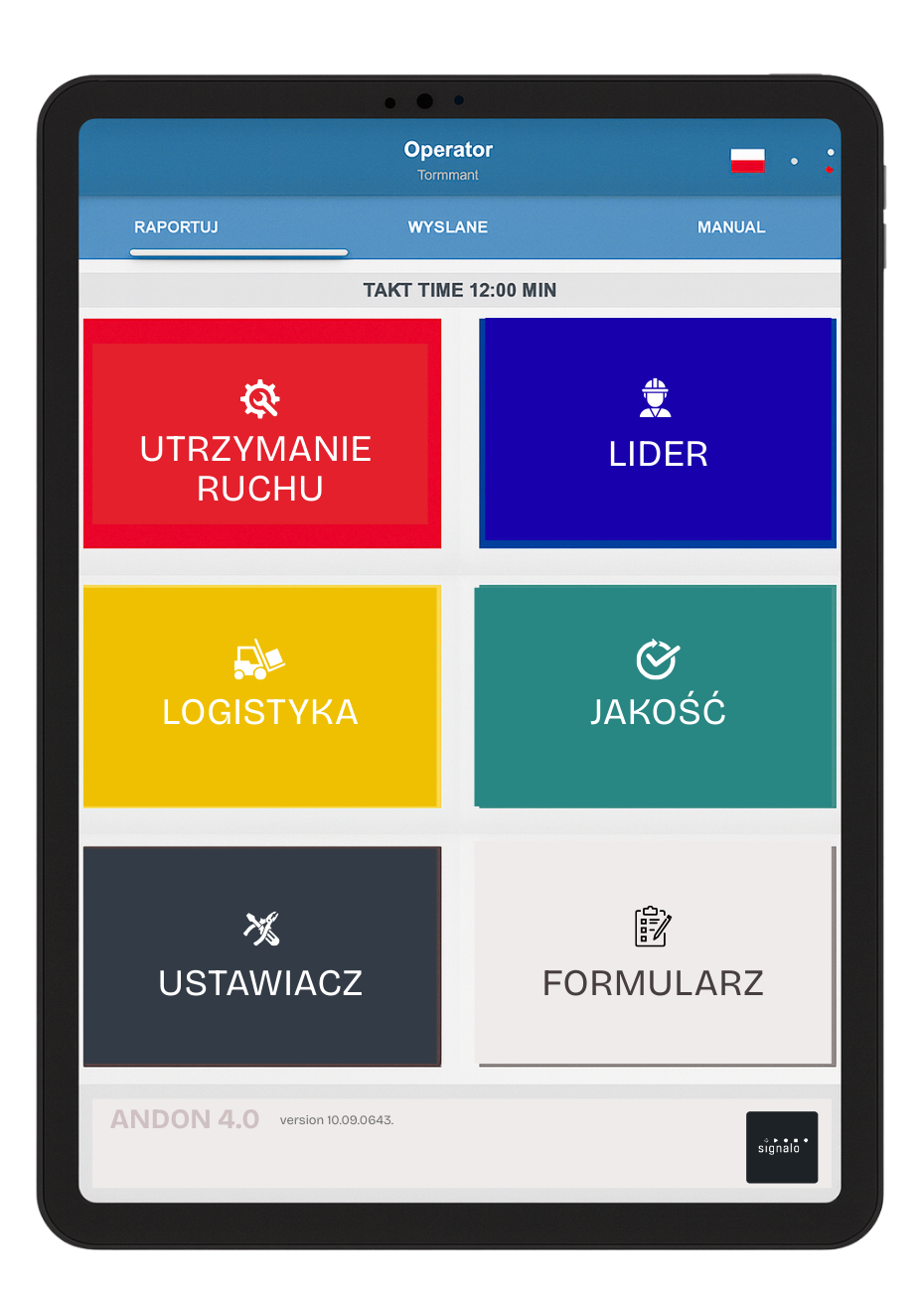 System Andon na tablecie produkcyjnym z cyfrowym interfejsem zgłoszeń
