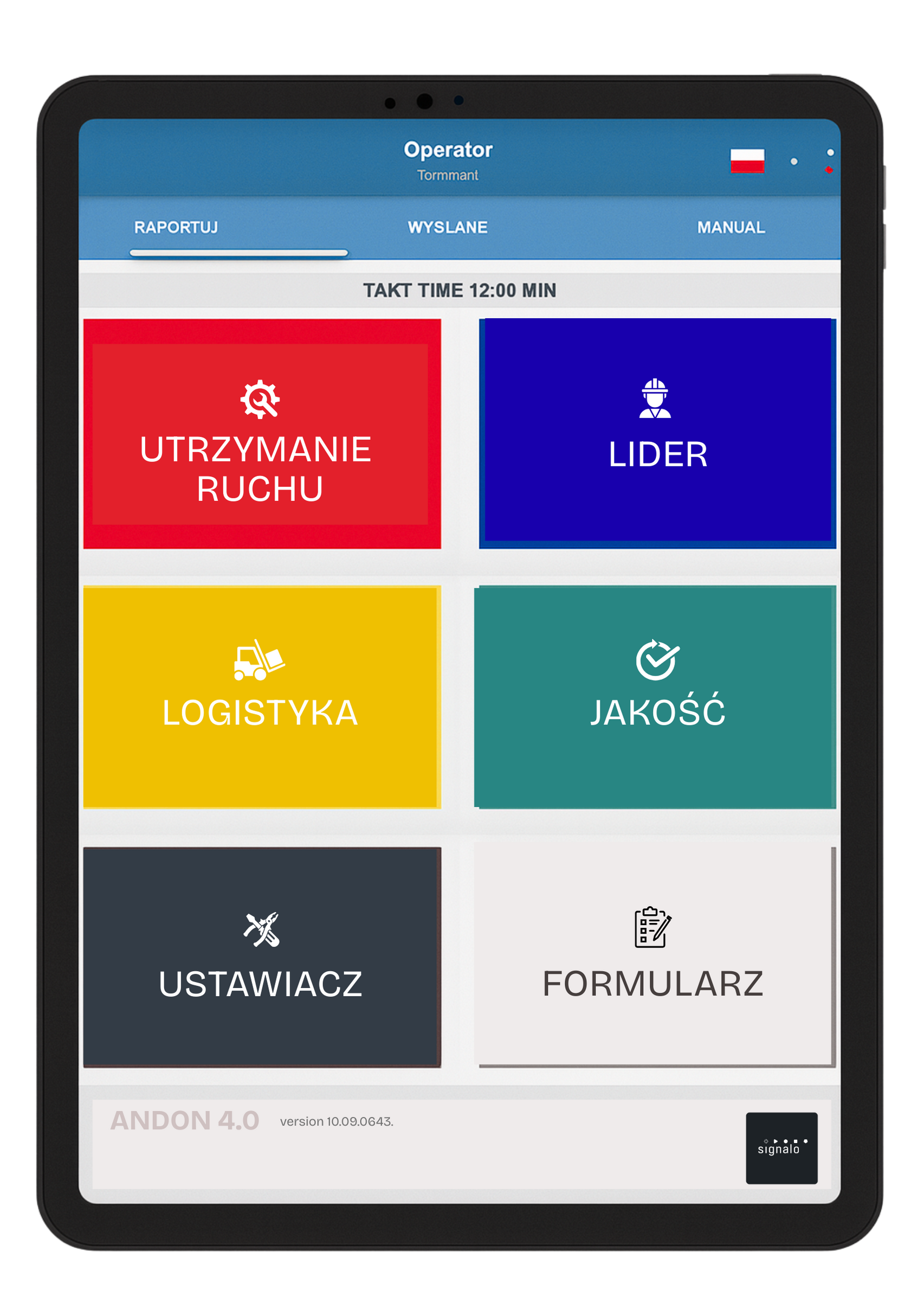 Interfejs systemu Andon 4.0 na tablecie produkcyjnym