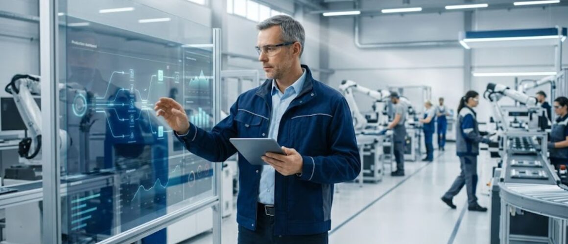 Optymalizacja procesu produkcyjnego w nowoczesnej fabryce z monitoringiem wydajności, analizą danych produkcyjnych i cyfrowym zarządzaniem produkcją