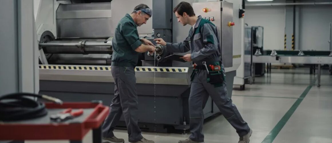 Operator i technik utrzymania ruchu wykrywają problem maszyny w ramach TPM na produkcji