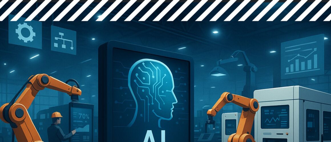 Zautomatyzowana linia produkcyjna z ramionami robotów i ekranem AI w nowoczesnej hali przemysłowej