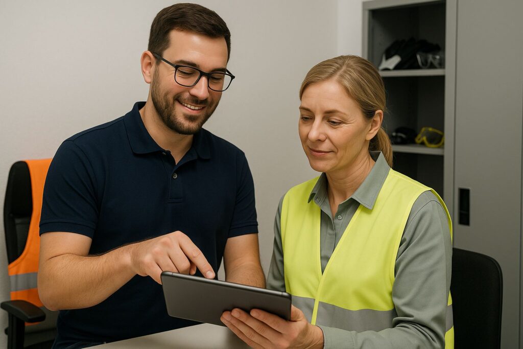 Ekspert prezentuje system awizacji EntryFlow pracowniczce BHP w kantorku produkcyjnym