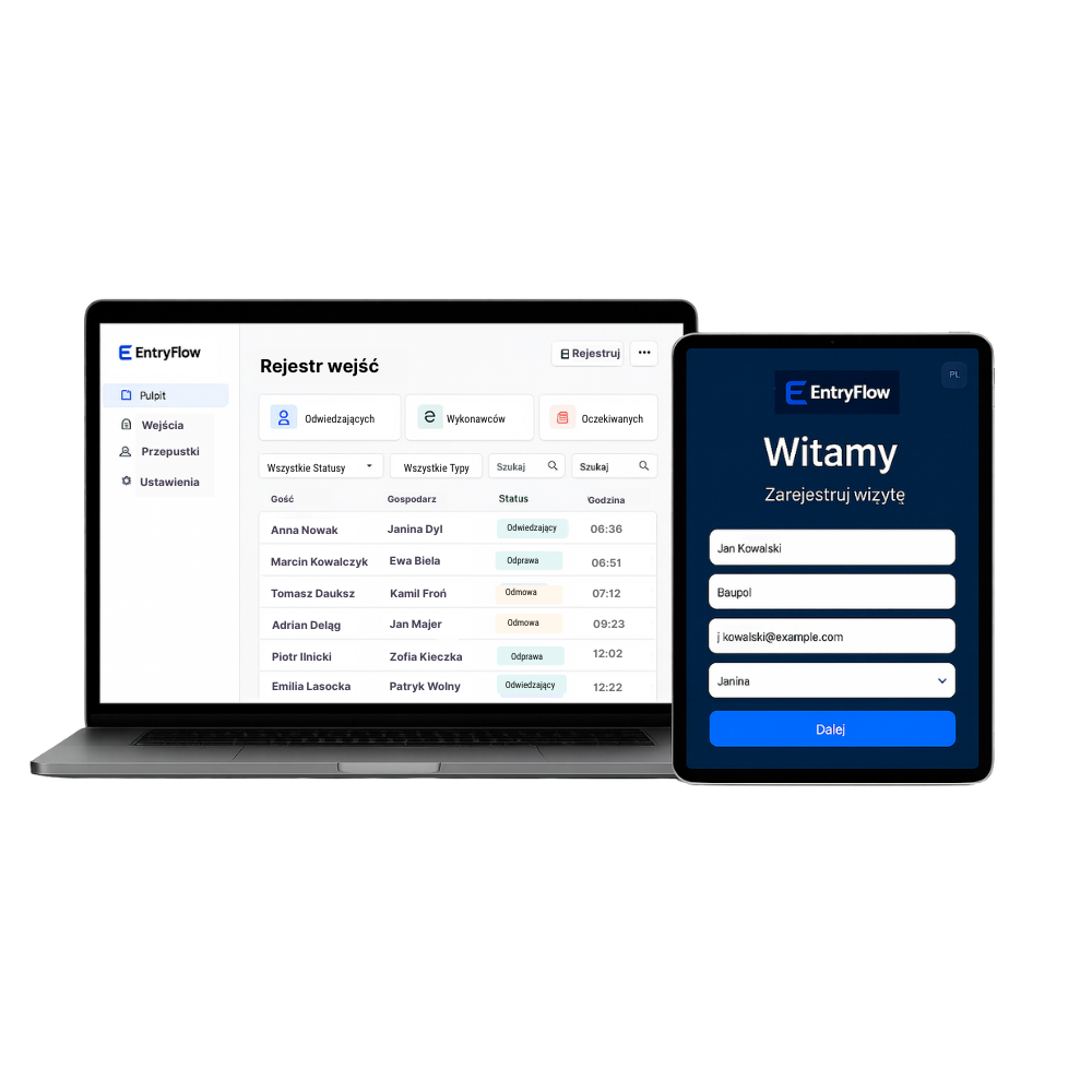 System awizacji EntryFlow – ekran rejestru wejść na laptopie i formularz zgłoszeniowy na tablecie