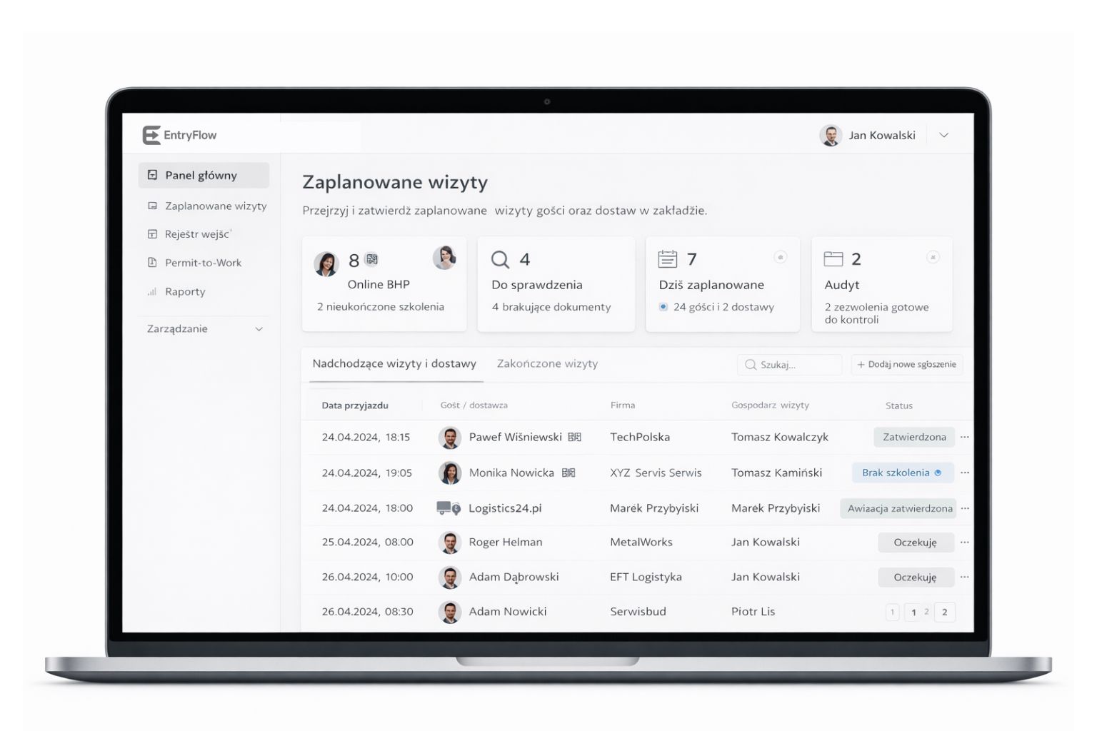 Dashboard systemu EntryFlow na laptopie – planowanie wizyt gości i dostaw w zakładzie produkcyjnym