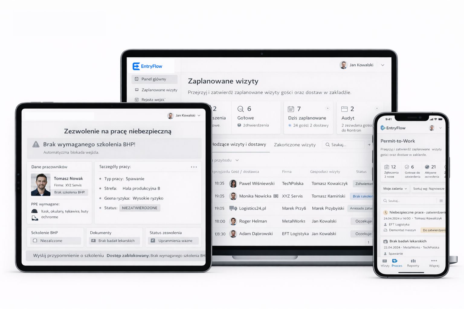 System awizacji EntryFlow działający na laptopie, tablecie i smartfonie w zakładzie produkcyjnym