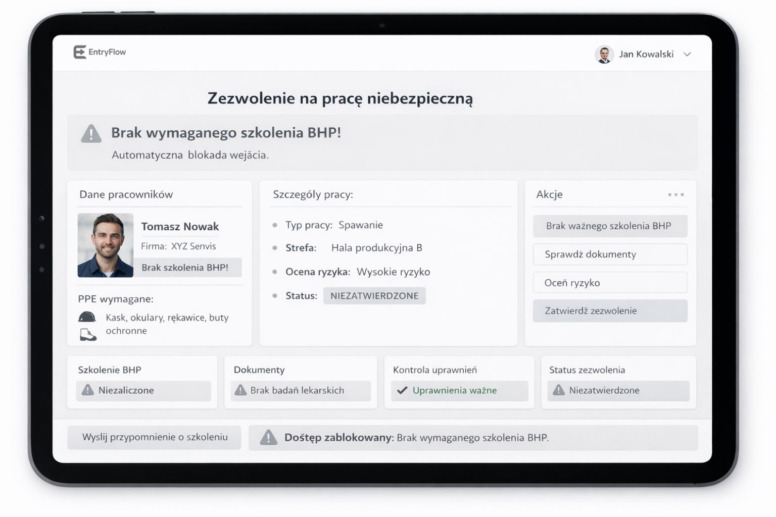 System EntryFlow na tablecie – cyfrowe zezwolenie na pracę niebezpieczną z automatyczną blokadą wejścia przy braku szkolenia BHP