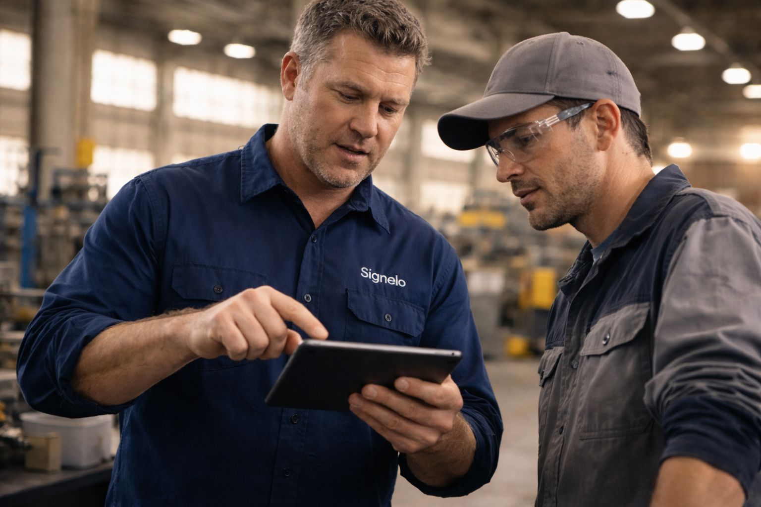 Expert presenting the EntryFlow visitor management system on a tablet