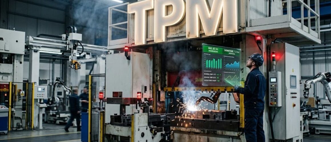 TPM w produkcji pokazujące analizę awarii maszyn, utrzymanie ruchu i zwiększanie dostępności maszyn w nowoczesnej fabryce