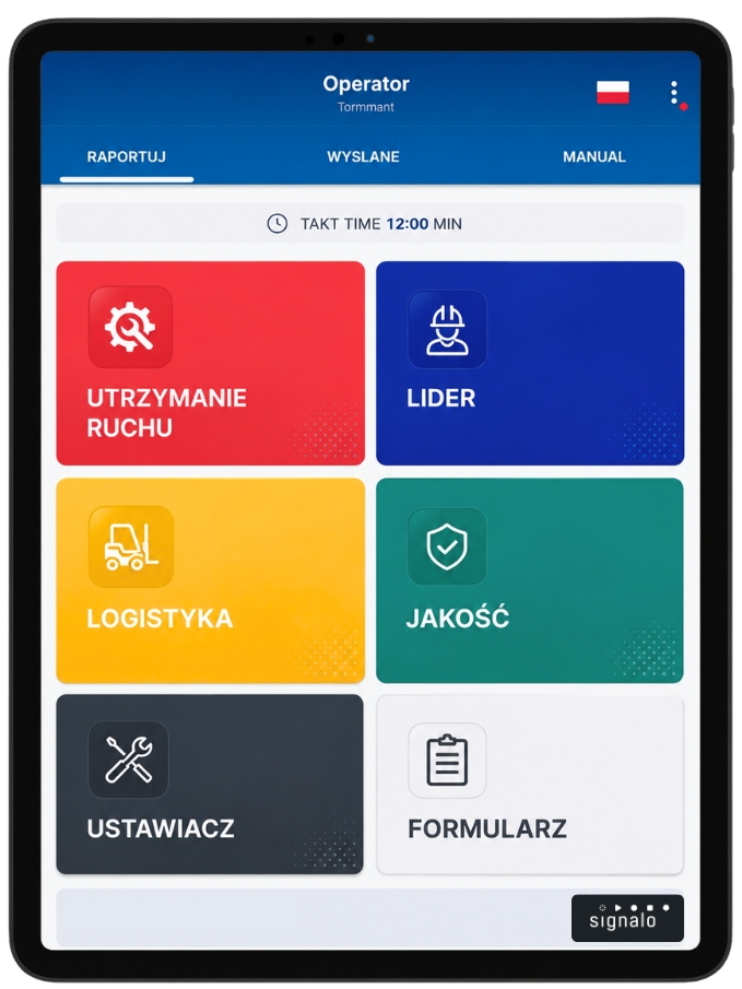 Interfejs systemu Andon 4.0 na tablecie produkcyjnym