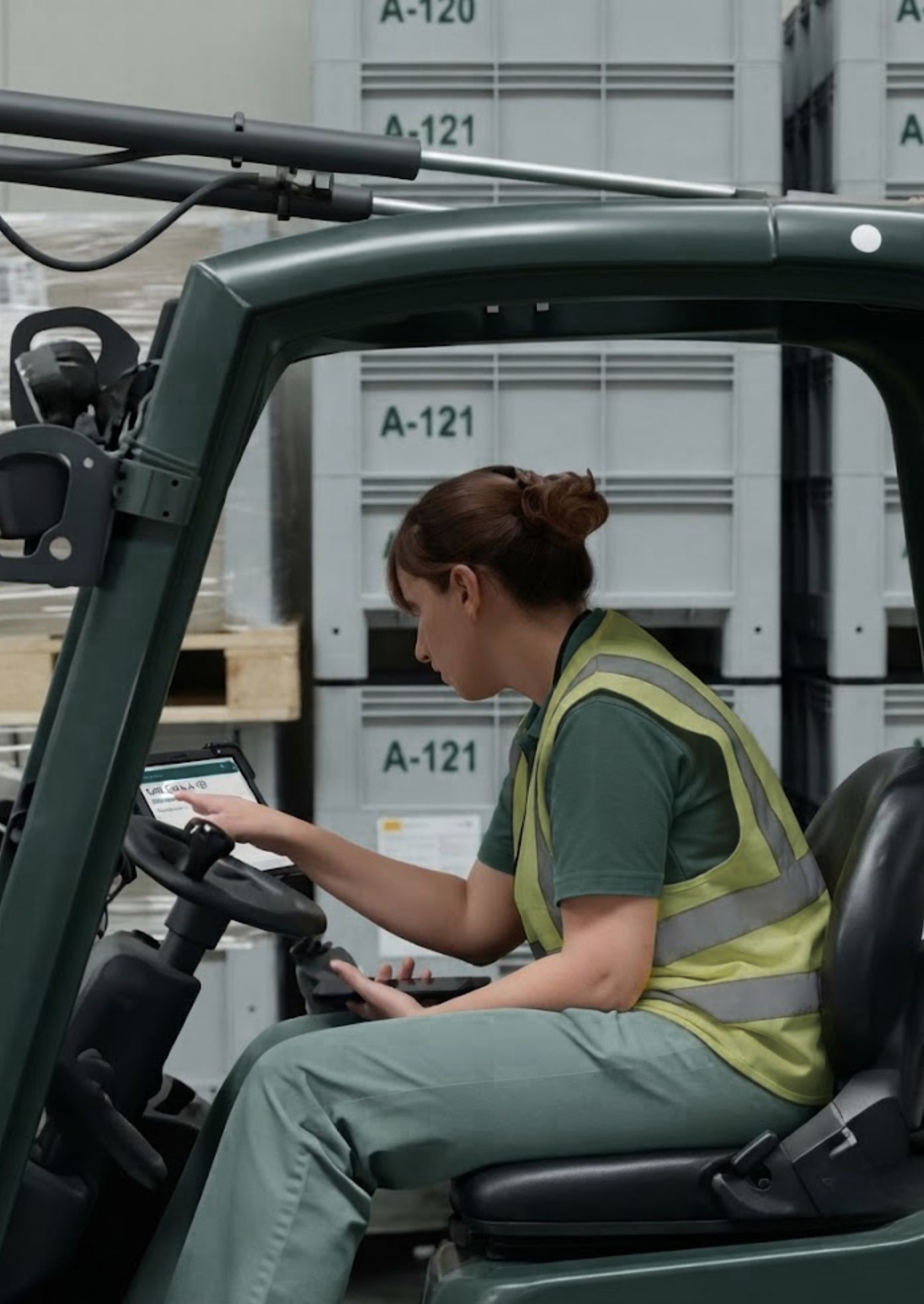 Operatorka przyjmująca bieżące zlecenie w aplikacji Forkfleet na wózku widłowym