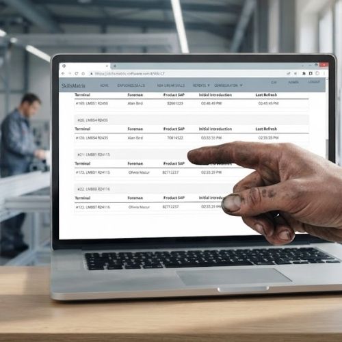 Dashboard cyfrowej matrycy kompetencji SkillsMatrix pokazujący szkolenia, uprawnienia i gotowość pracowników
