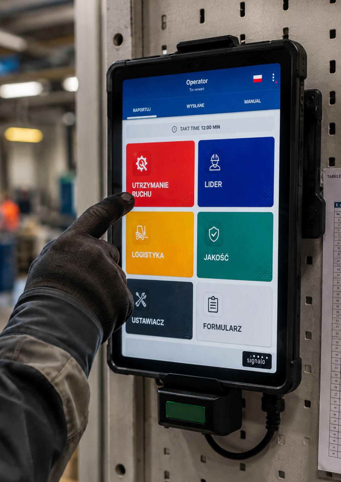 Interfejs systemu Andon 4.0 na tablecie produkcyjnym