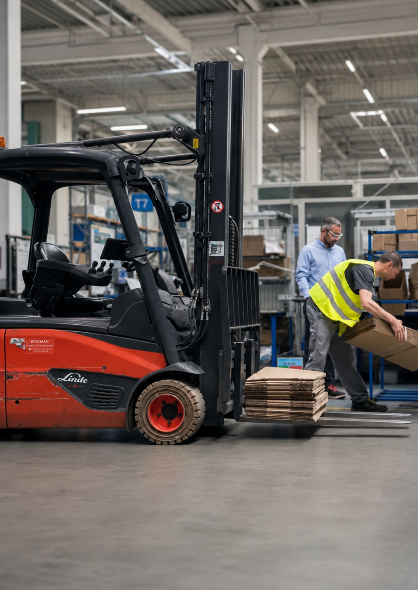 Wózek widłowy przywożący na stanowisko produkcyjne wezwane kartony w systemie Forkfleet