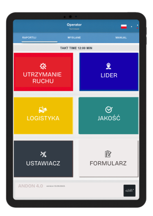 Tablet z interfejsem systemu Andon – kolorowe przyciski do zgłaszania problemów w produkcji